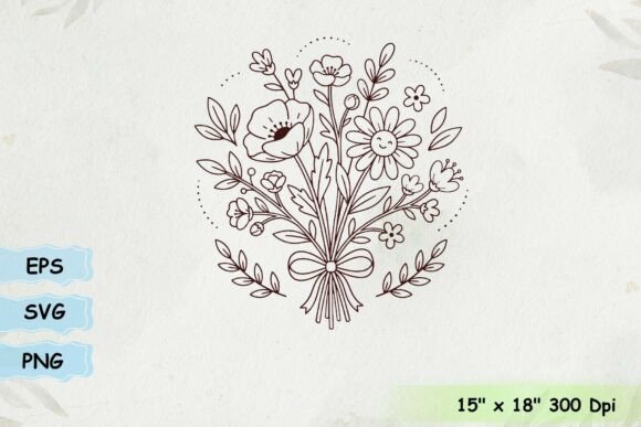Cute Wildflower Bouquet Line Art