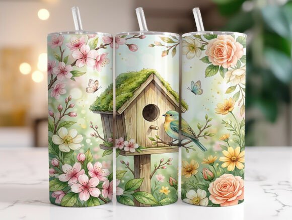 Floral Birdhouse Garden 20oz Tumbler PNG