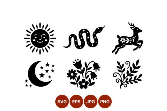 Folk Art Black White Sun Moon Snake Deer